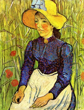  Assis Tableaux - Jeune paysanne dans un chapeau de paille assis devant un champ de blé Vincent van Gogh